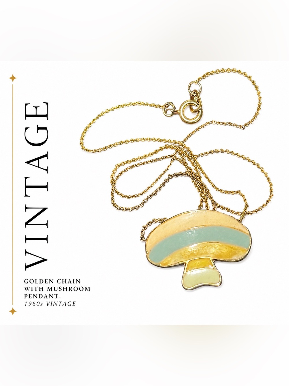 Vintage Enamel Mushroom Pendant Necklace | Gold Tone Chain